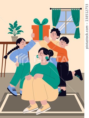 Happy Mothers Day Illustration with Children Giving Gift to Their Mother Happy Mothers Day Illustration with Children Giving Gift to Their Mother 138512753
