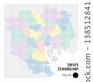 Coarse-dot map of Japan, Tokyo's 23 wards, grouped by district, circled dot version. 138512841