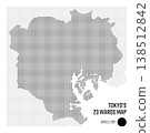 Coarse-dot map of Japan, Tokyo's 23 wards grouped by district, circle dot/monochrome version. 138512842