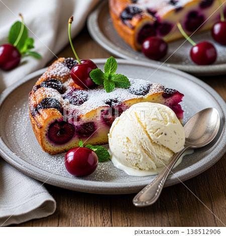A traditional French dessert, cherry clafoutis, served with vanilla ice cream, garnished with powdered sugar and mint for an appealing food photo. A traditional French dessert, cherry clafoutis, served with vanilla ice cream, garnished with powdered sugar and mint for an appealing food photo. 138512906