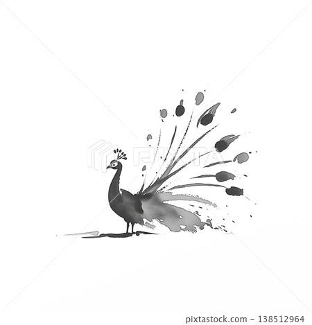 孔雀水墨畫插圖：一幅日式水墨畫，描繪了一隻展開華麗羽毛的孔雀。無背景。 138512964
