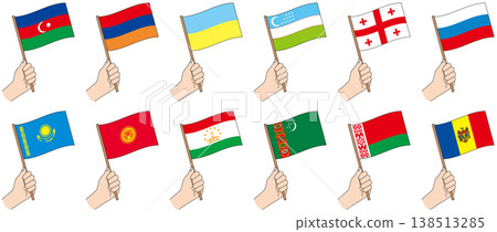 一組插圖，描繪了手持前蘇聯國家（獨聯體、東歐、中亞）國旗的人物。 138513285