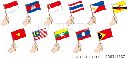 A set of illustrations featuring characters holding the flags of Southeast Asian countries. A set of illustrations featuring characters holding the flags of Southeast Asian countries. 138513287