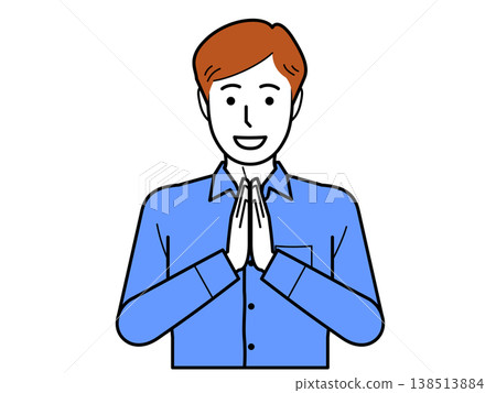 Facing forward. A young man in a dress shirt with his hands clasped together, saying "Itadakimasu" (thank you for the meal). Facing forward. A young man in a dress shirt with his hands clasped together, saying "Itadakimasu" (thank you for the meal). 138513884