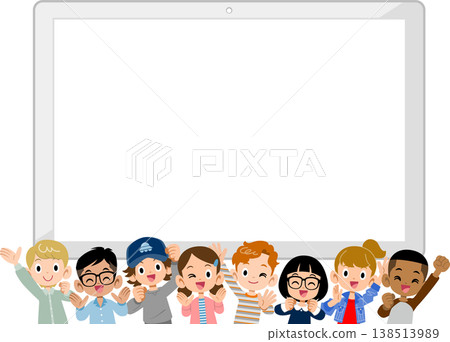 Eight energetic elementary school children of various nationalities, boys and girls, and a blank tablet. 138513989