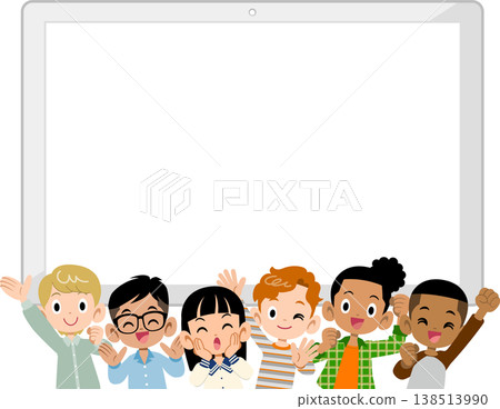 Six energetic elementary school children of various nationalities, boys and girls, and a blank tablet. 138513990