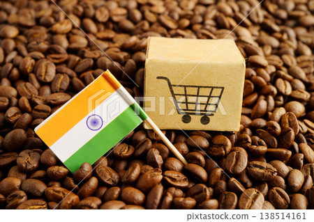 India flag on coffee beans, shopping online for export or import food product. India flag on coffee beans, shopping online for export or import food product. 138514161