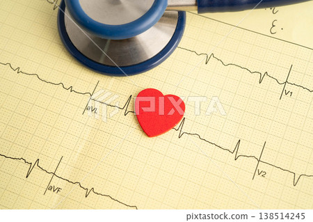 Stethoscope on electrocardiogram ECG, heart wave, heart attack, cardiogram report. Stethoscope on electrocardiogram ECG, heart wave, heart attack, cardiogram report. 138514245