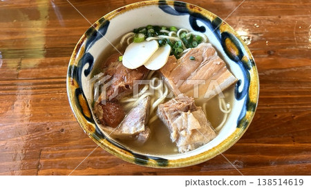 Okinawa soba served in traditional Ryukyuan pottery Okinawa soba served in traditional Ryukyuan pottery 138514619