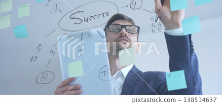Experienced business professional developing a strategic success plan, writing on a transparent whiteboard with sticky notes while working on a long term company vision Experienced business professional developing a strategic success plan, writing on a transparent whiteboard with sticky notes while working on a long term company vision 138514637