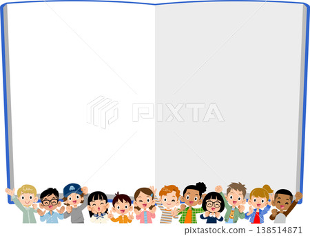 A blank notebook and the upper bodies of 12 energetic children of various nationalities. 138514871