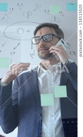 Businessman conversing on a mobile phone while actively developing new business strategies and projects, managing tasks on a glass whiteboard during a planning session 138515020