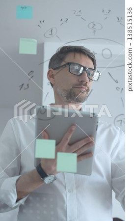 Businessman in glasses and white shirt focusing on a digital tablet, standing in front of a glass wall covered with notes and diagrams, engaging in a strategic planning and analysis session 138515136