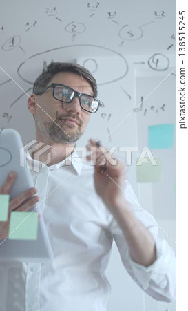 Mature businessman in glasses actively analyzing data and developing new business strategies. Using a digital tablet during a dynamic brainstorming and planning session behind a glass wall with notes Mature businessman in glasses actively analyzing data and developing new business strategies. Using a digital tablet during a dynamic brainstorming and planning session behind a glass wall with notes 138515245