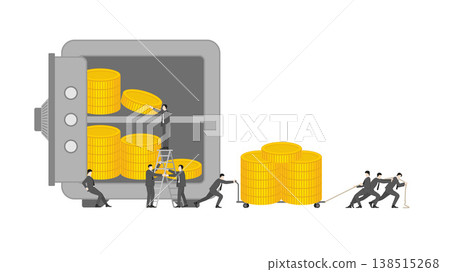 Business Professionals Working Together to Pull Huge Load of Gold Coins from Vault Storage for Financial Survival and Monetary System Protection During Global Crisis Business Professionals Working Together to Pull Huge Load of Gold Coins from Vault Storage for Financial Survival and Monetary System Protection During Global Crisis 138515268
