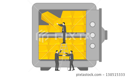 Financial team working together to organize gold bullion bars in large safe deposit box for systematic wealth storage and long term asset management security Financial team working together to organize gold bullion bars in large safe deposit box for systematic wealth storage and long term asset management security 138515333