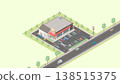 An image of a fast-food restaurant (with green space) drawn using isometric projection. 138515375