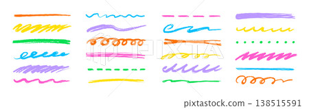 Line color brush crayon set. Underline brush crayon hand drawn pencil pen stroke marker color..Kid children doodle scribble wavy squiggle highlight texture grunge background. Vector Line color brush crayon set. Underline brush crayon hand drawn pencil pen stroke marker color..Kid children doodle scribble wavy squiggle highlight texture grunge background. Vector 138515591