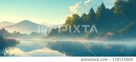動漫風格的湖畔風景，空氣涼爽。 138515609