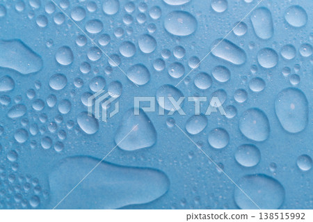 A texture material of transparent water droplets arranged regularly on a blue background. A texture material of transparent water droplets arranged regularly on a blue background. 138515992
