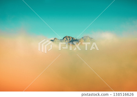 Mountains minimalist landscape. Peaks of the mountains above the clouds. Pyrenees, Andorra, Europe Mountains minimalist landscape. Peaks of the mountains above the clouds. Pyrenees, Andorra, Europe 138516626