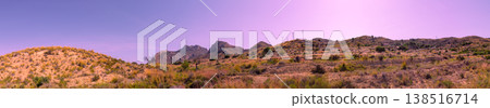 Panoramic view from above of the valley and the mountain ridge during sunrise. Alicante Spain. Horizontal banner Panoramic view from above of the valley and the mountain ridge during sunrise. Alicante Spain. Horizontal banner 138516714