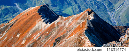 Mountain ridge with blue cloudy sky. Mountain landscape with day sky and clouds. Grossglockner High Alpine Road. Austria Mountain ridge with blue cloudy sky. Mountain landscape with day sky and clouds. Grossglockner High Alpine Road. Austria 138516774