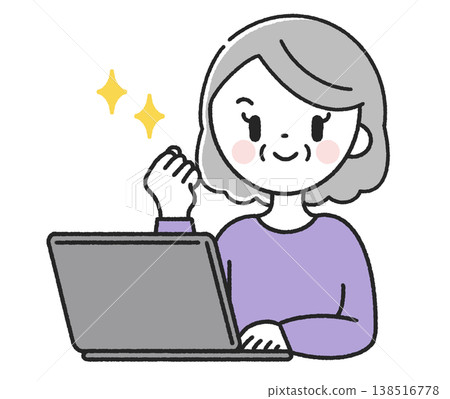 A senior woman makes a triumphant gesture in front of her computer. A senior woman makes a triumphant gesture in front of her computer. 138516778