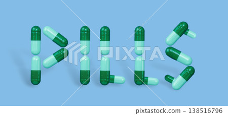 Medical pills that forms text title. Pills word. Colorful pills arranged to spell out the word pills. Medical pills that forms text title. Pills word. Colorful pills arranged to spell out the word pills. 138516796