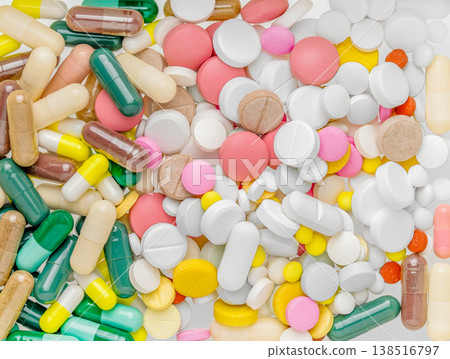 Multicolored pills background. Pills variety Multicolored pills background. Pills variety 138516797