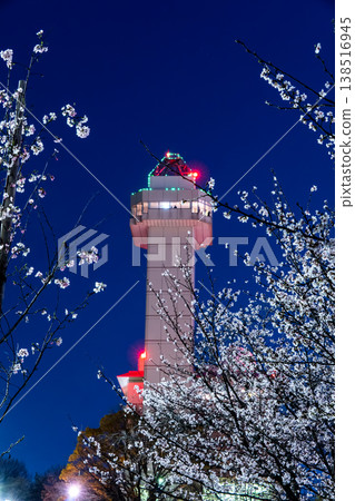Skyward Asahi and cherry blossoms in full bloom: The night view of Owariasahi dyed in spring colors. Skyward Asahi and cherry blossoms in full bloom: The night view of Owariasahi dyed in spring colors. 138516945