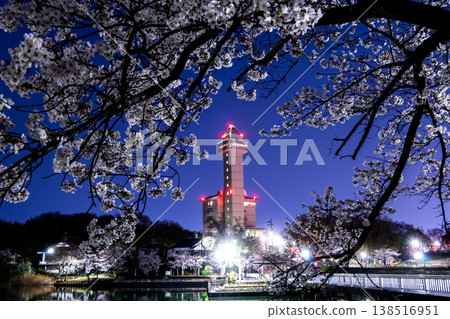 Skyward Asahi and cherry blossoms in full bloom: The night view of Owariasahi dyed in spring colors. Skyward Asahi and cherry blossoms in full bloom: The night view of Owariasahi dyed in spring colors. 138516951