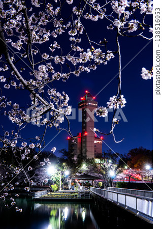 Skyward Asahi and cherry blossoms in full bloom: The night view of Owariasahi dyed in spring colors. 138516953