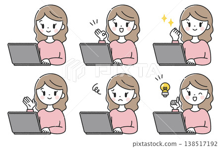 A set of various poses for women working on a computer. A set of various poses for women working on a computer. 138517192