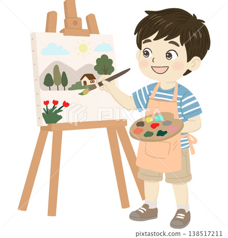 Cute cartoon boy painting on an easel while holding a colorful palette. Cheerful illustration capturing creativity, learning, and artistic expression. Cute cartoon boy painting on an easel while holding a colorful palette. Cheerful illustration capturing creativity, learning, and artistic expression. 138517211
