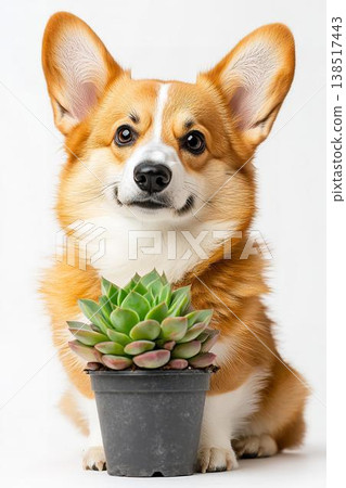 A cute portrait of a smiling corgi in a studio surrounded by succulents. 138517443