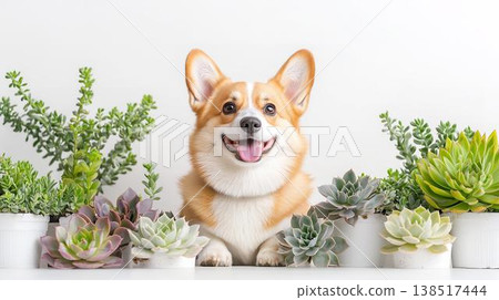 A cute portrait of a smiling corgi in a studio surrounded by succulents. 138517444