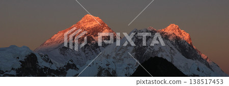 Last sunlight of the day enlighting Mount Everest and Lhotse, Nepal. Last sunlight of the day enlighting Mount Everest and Lhotse, Nepal. 138517453