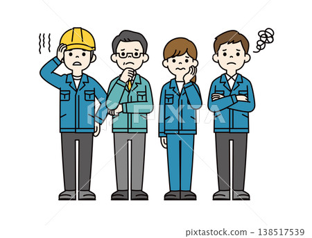 A set of full-body vector illustrations of construction workers in work clothes, depicting troubled, thoughtful, or worried expressions and poses. A set of full-body vector illustrations of construction workers in work clothes, depicting troubled, thoughtful, or worried expressions and poses. 138517539