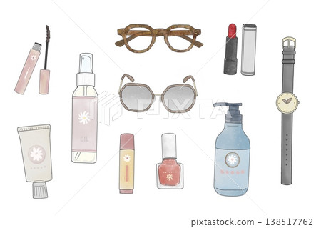 A set of hand-drawn illustrations of fashion accessories and cosmetics: makeup, glasses, and watches. A set of hand-drawn illustrations of fashion accessories and cosmetics: makeup, glasses, and watches. 138517762