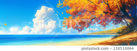 動漫風格的秋葉樹木和海景。 138518064