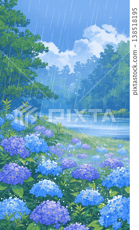 一幅日式自然插畫，描繪了雨季寧靜的景象：繡球花在鵝卵石小路上雨中閃閃發光。 138518195