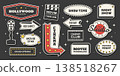 Retro Hollywood cinema sticker set with studio signs, movie arrows, red carpet, award and more. Vector illustration for cinema, entertainment, mid century Americana 1950s style 138518267