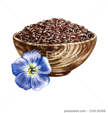 Flaxseed in a wooden bowl and a blue flax flower. Hand-drawn watercolor illustration. Element of label and packaging design, as well as banners, posters, and more. Flaxseed in a wooden bowl and a blue flax flower. Hand-drawn watercolor illustration. Element of label and packaging design, as well as banners, posters, and more. 138518309