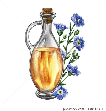 Flaxseed oil. Hand-drawn watercolor illustration. Glass bottle of oil and flax flowers. Element of design for labels and packaging, banners, posters, and more. Flaxseed oil. Hand-drawn watercolor illustration. Glass bottle of oil and flax flowers. Element of design for labels and packaging, banners, posters, and more. 138518311