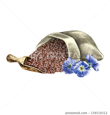 Flaxseed in a burlap bag and wooden scoop and blue flax flowers. Hand-drawn watercolor illustration. Element of design for labels and packaging, as well as banners, posters, and more. Flaxseed in a burlap bag and wooden scoop and blue flax flowers. Hand-drawn watercolor illustration. Element of design for labels and packaging, as well as banners, posters, and more. 138518312