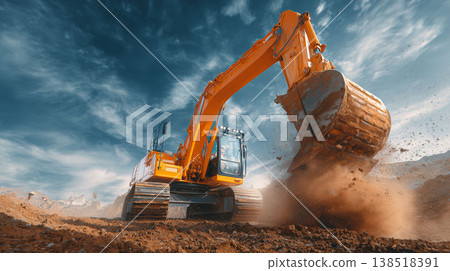 大型挖土機在大規模建築工程中挖出大量土方和沙子的壯觀景象。 138518391