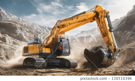 一個充滿活力的工作場景，大型建築挖掘機在建築工地上大顯身手。 138518396