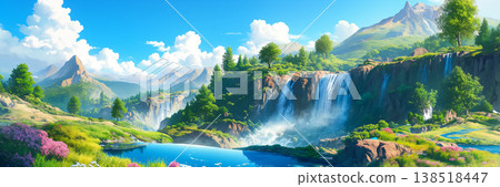 一幅動漫風格的夏日森林瀑布場景。 138518447