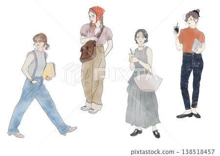 Illustration set of 4 women in summer clothes: city, work, student 138518457